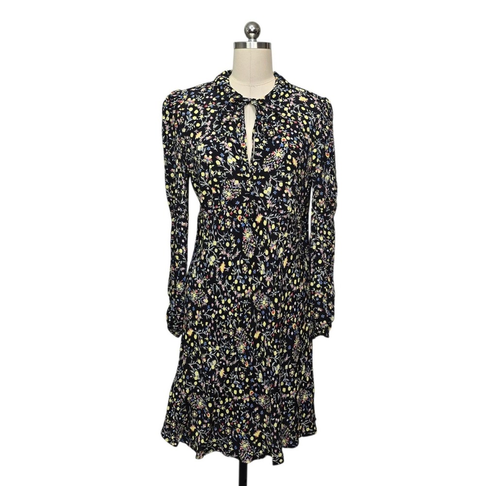 Boden Black Floral Long Sleeve Keyhole Tie Mini Dress Womens Size US 8R
